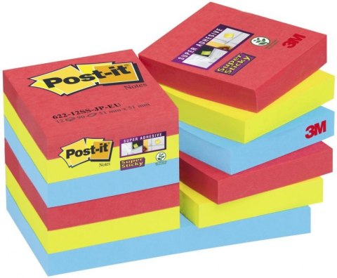 Bloczek samoprzylepny POST-IT_ Super Sticky (622-12SS-JP), 47,6x47,6mm, 12x90 kart., paleta bora bora (X) Post-It 3M