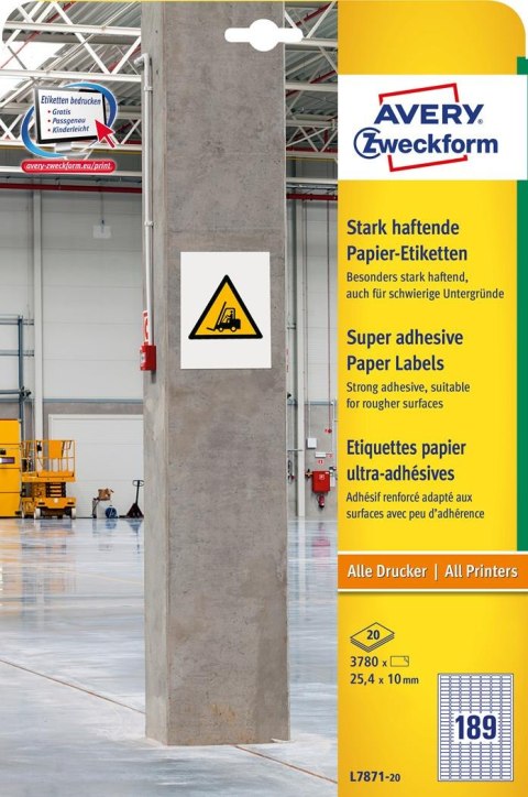 Etykieta do trudnych powierzchni L7871-20 25,4x10 20ar papierowe, białe, Avery Zweckform Avery Zweckform