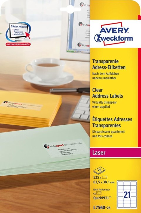 Etykiety adresowe L7560-25 63,5 x 38,1 25 ark przezroczyste, Avery Zweckform Avery Zweckform Etykiety adresowe L7560-25 63,5 x 38,1 25 ark przezroczyste, Avery Zweckform Avery Zweckform