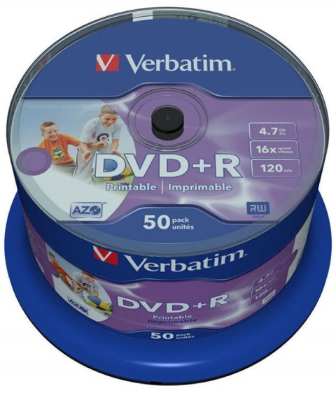 Płyta DVD+R VERBATIM 43512 16x 4,7GB (50) cake AZO Wide Inkjet Printable Verbatim Płyta DVD+R VERBATIM 43512 16x 4,7GB (50) cake AZO Wide Inkjet Printable Verbatim