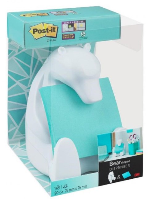 Podajnik do bloczków samoprzylepnych POST-IT_ Miś (Bear-330), biały, w zestawie 1 bloczek Super Sticky Z-Notes Post-It 3M
