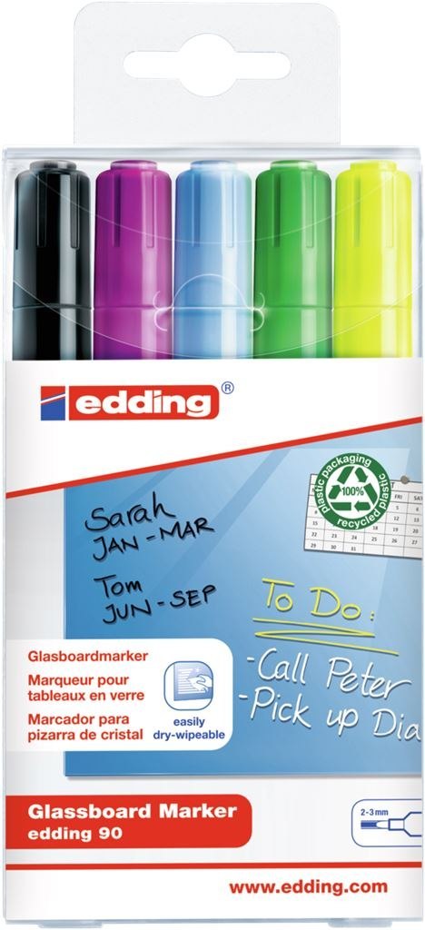 Marker EDDING do tablic szklanych czarny + mix kolorów, etui 5 szt. 90/5s/001/c ed suchościeralny (X) Edding