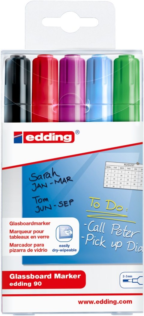 Marker EDDING do tablic szklanych czarny + mix kolorów, etui 5 szt. 90/5s/001/c ed suchościeralny (X) Edding