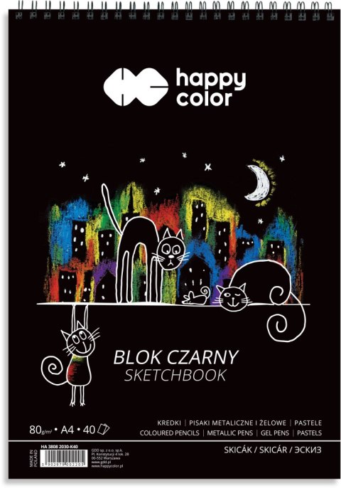 Blok czarny na spirali KOTY A4, 40 ark, 80g, Happy Color HA 3808 2030-K40 Happy Color Blok czarny na spirali KOTY A4, 40 ark, 80g, Happy Color HA 3808 2030-K40 Happy Color