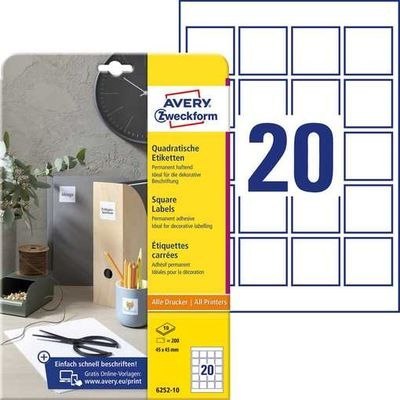 Etykiety o nietypowych kształtach, A4, 10 ark./op., 45x45 mm, kwadratowe, usuwalne, AVERY ZWECKFORM, 6252REV-10 Avery Zweckform Etykiety o nietypowych kształtach, A4, 10 ark./op., 45x45 mm, kwadratowe, usuwalne, AVERY ZWECKFORM, 6252REV-10 Avery Zweckform