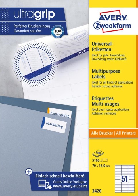 Trwałe etykiety uniwersalne 3420 70x16,9 100ark białe, Avery Zweckform Avery Zweckform