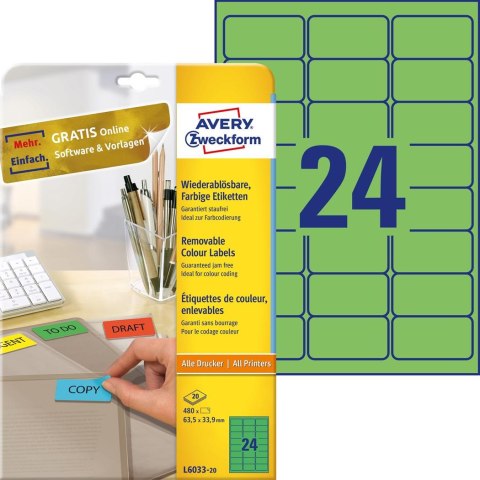Etykiety zielone L6033-20 63,5 x 33,9 20 ark. usuwalne, Avery Zweckform Avery Zweckform Etykiety zielone L6033-20 63,5 x 33,9 20 ark. usuwalne, Avery Zweckform Avery Zweckform