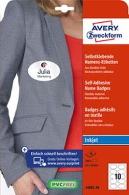 Samoprzylepne identyfikatory A4, 20 ark., owalne 85 _ 50 mm, białe, folia, usuwalne, J4882_20, Avery Zweckform Avery Zweckform