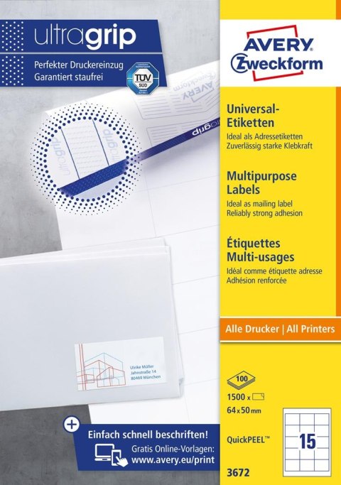 Trwałe etykiety uniwersalne 3672 64x50 100 ark. Avery Zweckform Avery Zweckform