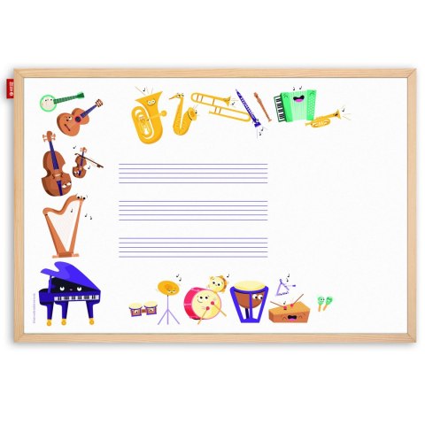 Tablica edukacyjna MemoBe, WHITEBOARDGAME: Music adventure!, nadruk WESOŁE INSTRUMENTY, rama drewniana, 90x60 cm MTM090060.MU02. MemoBe Tablica edukacyjna MemoBe, WHITEBOARDGAME: Music adventure!, nadruk WESOŁE INSTRUMENTY, rama drewniana, 90x60 cm MTM090060.MU02. MemoBe