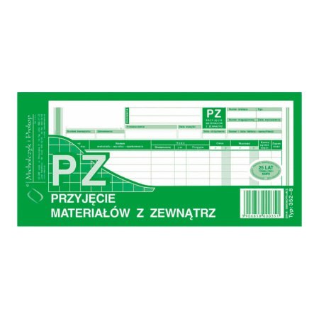 352-8 PZ przyjęcie materiałów z zewnątrz, 1/3 A4 80 kartek, MICHALCZYK&PROKOP Michalczyk i Prokop 352-8 PZ przyjęcie materiałów z zewnątrz, 1/3 A4 80 kartek, MICHALCZYK&PROKOP Michalczyk i Prokop