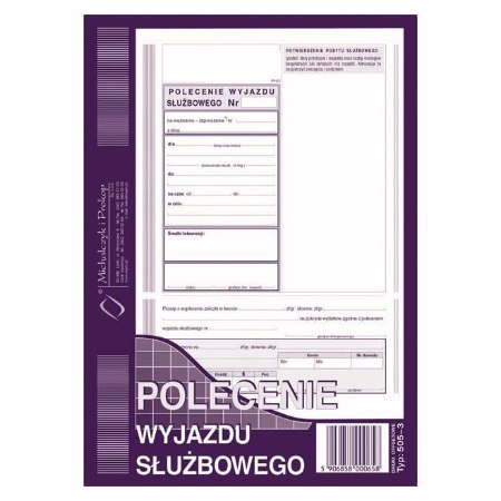 505-3 Polecenie wyjazdu służbowego, A5 40 kartek, MICHALCZYK&PROKOP Michalczyk i Prokop 505-3 Polecenie wyjazdu służbowego, A5 40 kartek, MICHALCZYK&PROKOP Michalczyk i Prokop