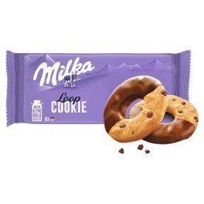 MILKA Cookie Loop Ciastka z kawałkami czekolady częściowo oblane czekoladą Milka MILKA Cookie Loop Ciastka z kawałkami czekolady częściowo oblane czekoladą Milka