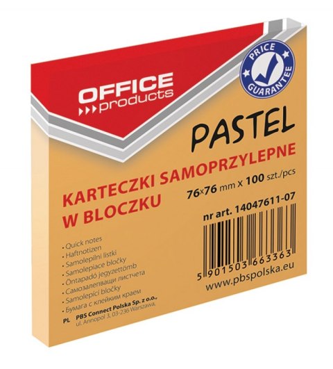 Bloczek samoprzylepny , 76x76mm, 1x100 kart., pastel, pomarańczowy, typu OFFICE PRODUCTS 14047611-07 Office Products