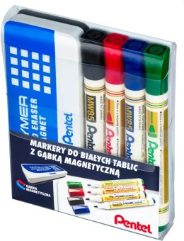 Marker suchościeralny do białych tablic PENTEL komplet 4szt w etui + gąbka MW85-ST4ABCDPL Pentel