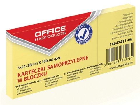 Bloczek samoprzylepny , 38x51mm, 1x100 kart., pastel, jasnożółty, typu OFFICE PRODUCTS 14047411-06 Office Product