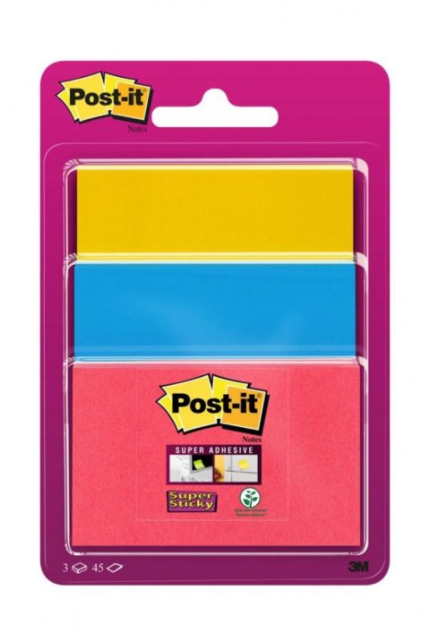 Bloczek samoprzylepny POST-IT_ Super Sticky (3432SS3-BYP-EU), 47,6x47,6mm, 3x45 kart., zawieszka, mix kolorów Post-It 3M