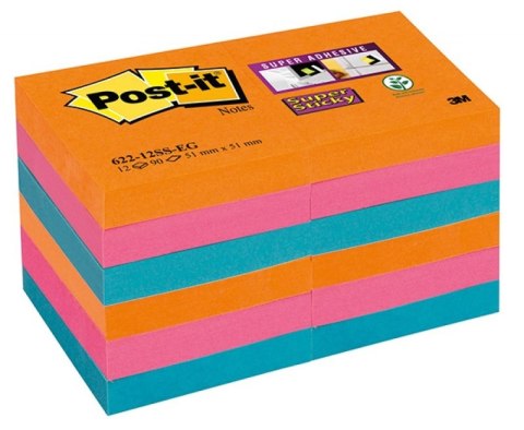Bloczek samoprzylepny POST-IT_ Super Sticky (622-12SS-EG), 47,6x47,6mm, 12x90 kart., paleta Bangkok Post-It 3M