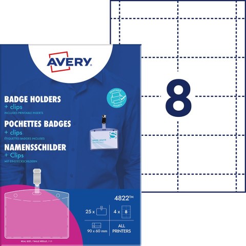 Holdery na identyfikatory z klipsem, zestaw identyfikatorów 60 x 90 mm, 25 szt. etui na identyfikatory + 4 ark. / 32 wkłady do z Avery Zweckform