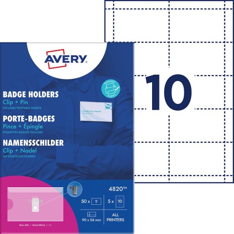 Holdery na identyfikatory z klipsem i agrafką; zestaw identyfikatorów 54 x 90 mm, 50 szt. etui na identyfikatory + 50 wkładów do Avery Zweckform