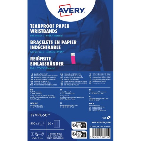 Opaski na rękę TYVEK _, 256 x 19 mm, różowe neonowe identyfikatory, Avery TYVPK-50 Avery Zweckform