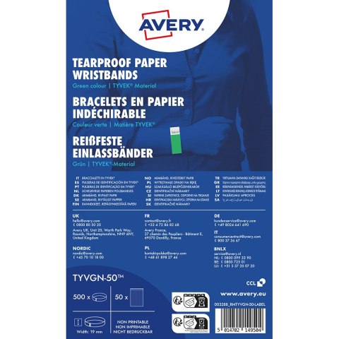 Opaski na rękę TYVEK _, 256 x 19 mm, zielone neonowe identyfikatory, Avery TYVGN-50 Avery Zweckform