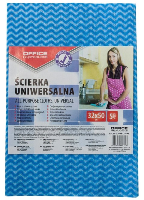 Ścierka uniwersalna , wiskoza 70%, gr. 40g/mkg, 32x50cm, 5szt., niebieska, typu OFFICE PRODUCTS 22035137-99 Office Products