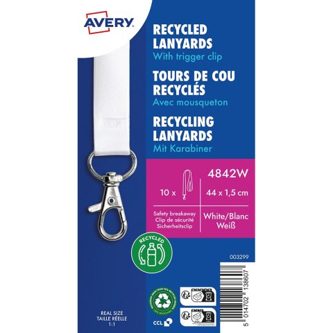 Smycz na identyfikator z recyklingowanego PET, 10 szt.; 15 x 440 mm; białe smycze, Avery 4842W Avery Zweckform