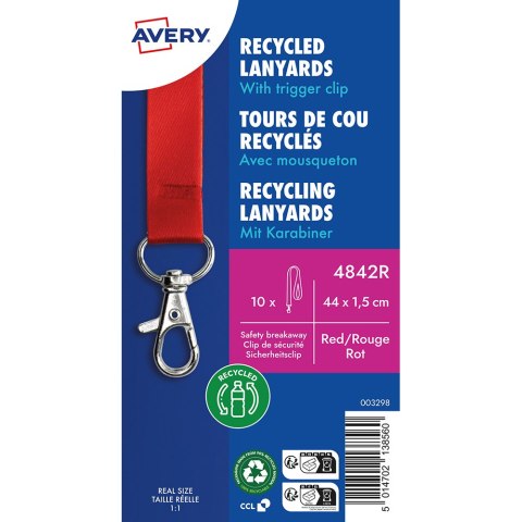 Smycz na identyfikator z recyklingowanego PET, 10 szt.; 15 x 440 mm; czerwone smycze, Avery 4842R Avery Zweckform