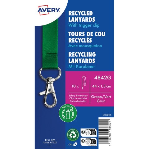 Smycz na identyfikator z recyklingowanego PET, 10 szt.; 15 x 440 mm; zielone smycze, Avery 4842G Avery Zweckform