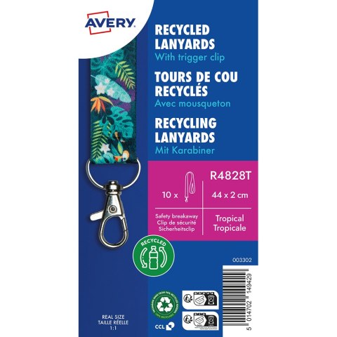 Smycz na identyfikator z recyklingowanego PET, 10 szt.; 20 x 440 mm; smycze we wzór tropikalny, Avery R4828T Avery Zweckform