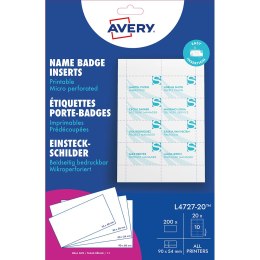 Wkłady do identyfikatorów, 54 x 90 mm, 200 wkładów, białe wkłady z mikroperforacją 190 g/m_; pasują do holderów 4820; identyfika Avery Zweckform
