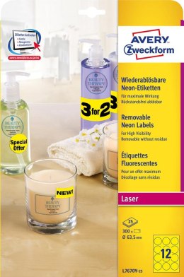 Etykiety papierowe śr. 63,5 mm, żółte neonowe kolory, etykiety okrągłe z usuwalnym klejem, etykiety do oznaczenia 25 ark. / op., Avery Zweckform
