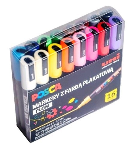 Markery z tuszem pigmentowym PC-5M, komplet 16 sztuk POSCA UNPC5M/16C Posca