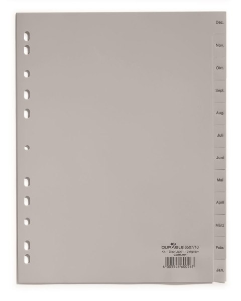 Przekładki PP A4 szare, nadr. indeks, 1-12, 1 2 części Szary 650710 DURABLE Durable