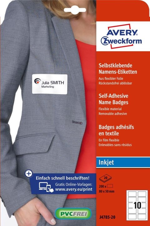 Samoprzylepny identyfikator 80 _ 50 mm, 20 ark., białe, foliowe, do zadruku, J4785_20, Avery Zweckform Avery Zweckform