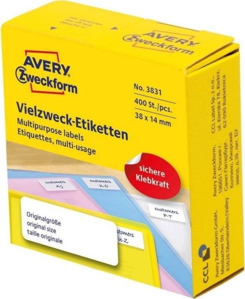 Białe minietykiety w dyspenserach do opisywania ręcznego, 400 etyk./op., 38 x 14 mm, białe, AVERY ZWECKFORM, 3831 Avery Zweckform Białe minietykiety w dyspenserach do opisywania ręcznego, 400 etyk./op., 38 x 14 mm, białe, AVERY ZWECKFORM, 3831 Avery Zweckform