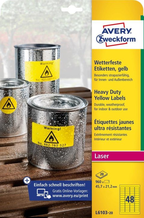 Etykiety foliowe 45,7 x 21,2 mm, żółte etykiety wodoodporne z trwałym klejem, etykiety poliestrowe 20 ark. / op., etykiety ostrz Avery Zweckform