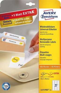 Etykiety uniwersalne L4737REV-25 63,5x29,6 30ark Usuwalne, Avery Zweckform Avery Zweckform