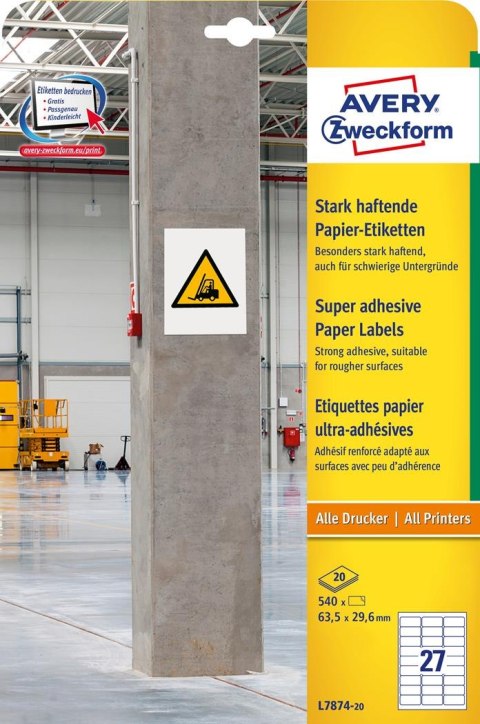 Etykiety do trudnych powierzchni L7874-20 63,5x29,6 20 ark., papierowe, Avery Zweckform Avery Zweckform Etykiety do trudnych powierzchni L7874-20 63,5x29,6 20 ark., papierowe, Avery Zweckform Avery Zweckform