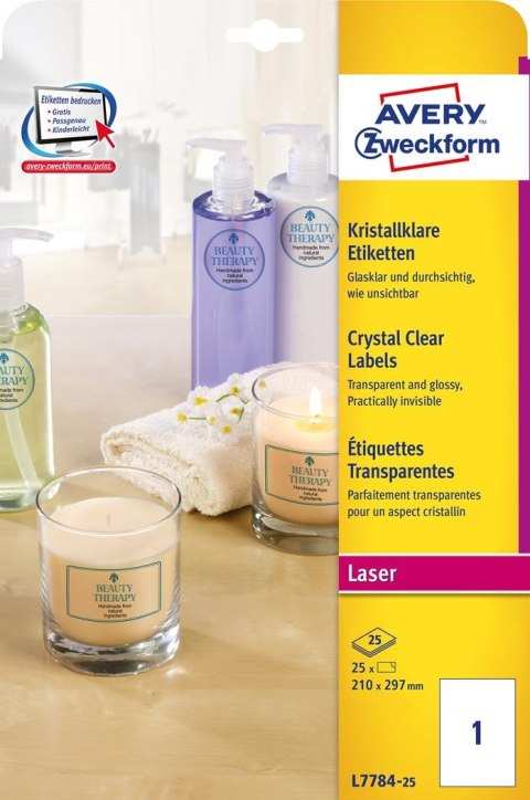 Etykiety Crystal Clear L7784-25 210 x 297 25ark przezroczyste, Avery Zweckform Avery Zweckform Etykiety Crystal Clear L7784-25 210 x 297 25ark przezroczyste, Avery Zweckform Avery Zweckform