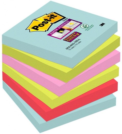 Bloczek samoprzylepny POST-IT_ Super sticky, (654-6SS-MIA), 76x76mm, 6x90 kart., paleta Miami Post-It 3M