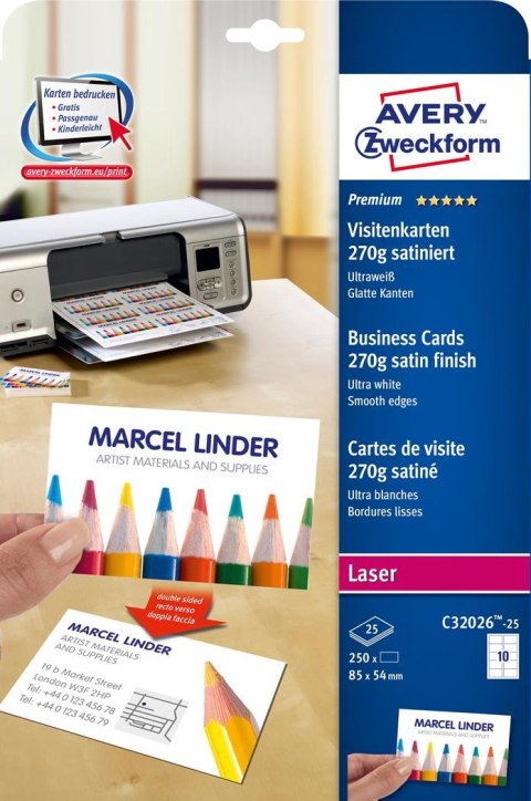 Wizytówki Quick&Clean C32026-25 85x54 mm 25 ark. 250 szt., 270 g, satynowane, śnieżnobiałe, Avery Zweckform (X) Avery Zweckform Wizytówki Quick&Clean C32026-25 85x54 mm 25 ark. 250 szt., 270 g, satynowane, śnieżnobiałe, Avery Zweckform (X) Avery Zweckform
