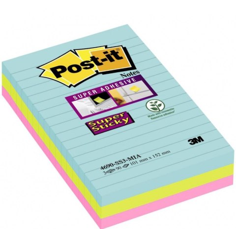Bloczek samoprzylepny POST-IT_ Super Sticky w linie (4690-SS3MIA), 101x152mm, 3x90 kart., paleta Miami Post-It 3M