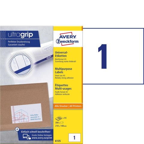 Etykiety uniwersalne 6135 210 x 148 200ark A5 Trwałe, Avery Zweckform Avery Zweckform