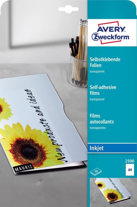 Przezroczyste folie samoprzylepne 2500 A4, 10ark powlekane, grubość 0,17 mm, Avery Zweckform Avery Zweckform Przezroczyste folie samoprzylepne 2500 A4, 10ark powlekane, grubość 0,17 mm, Avery Zweckform Avery Zweckform