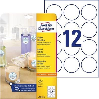 Etykiety o nietypowych kształtach, A4, 10 ark./op., Q60 mm, białe, AVERY ZWECKFORM, L3416-10 Avery Zweckform