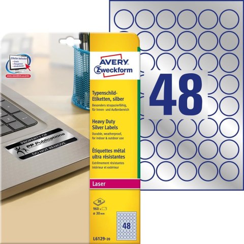 Etykiety znamionowe L6129-20 Q30 20 ark srebrne, poliestrowe, Avery Zweckform Avery Zweckform Etykiety znamionowe L6129-20 Q30 20 ark srebrne, poliestrowe, Avery Zweckform Avery Zweckform
