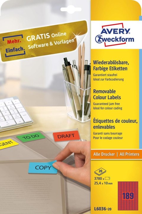 Etykiety czerwone L6036-20 25,4 x 10 20 ark usuwalne, Avery Zweckform (X) Avery Zweckform