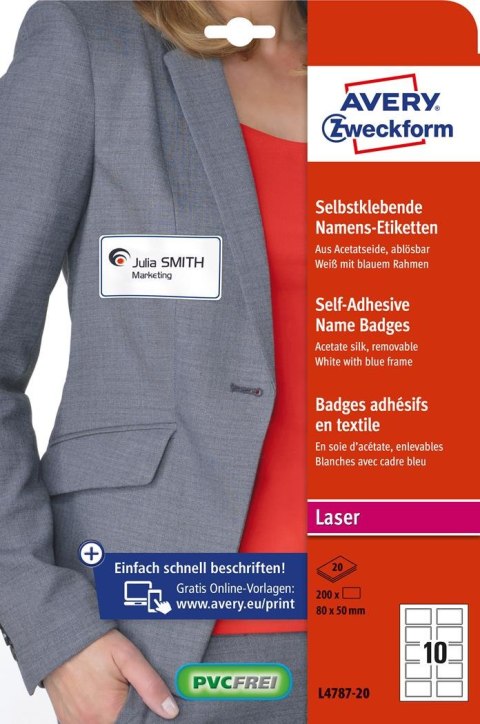 Samoprzylepne identyfikatory 80 _ 50 mm, 20 ark., niebieska ramka, sztuczny jedwab, L4787_20, Avery Zweckform Avery Zweckform